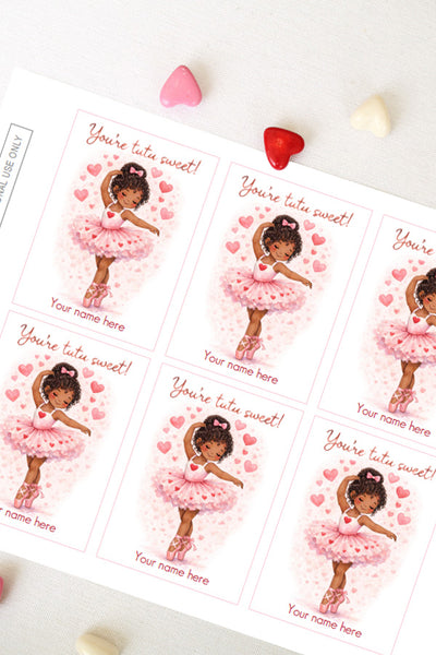 Editable Ballerina Valentine Cards – Single Dark Hair & Skin Ballerina