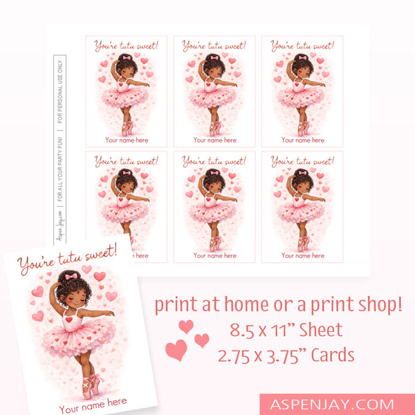 Editable Ballerina Valentine Cards – Single Dark Hair & Skin Ballerina