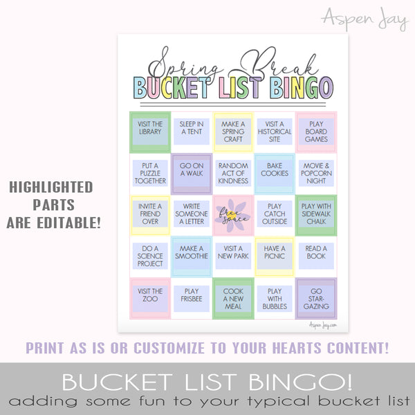 Editable Spring Break Bucket List Bingo