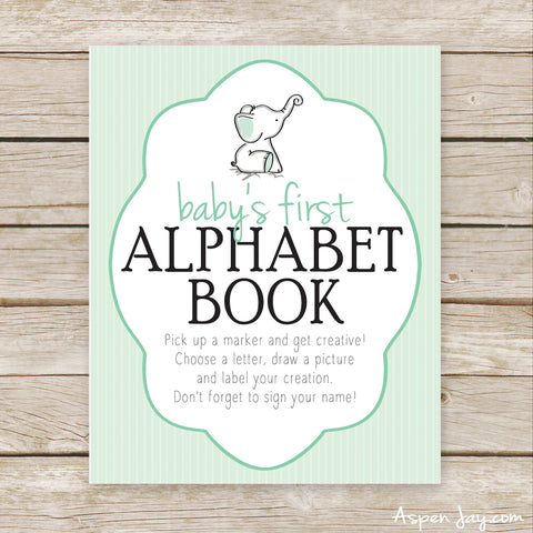 Green Elephant First Alphabet Book Sign