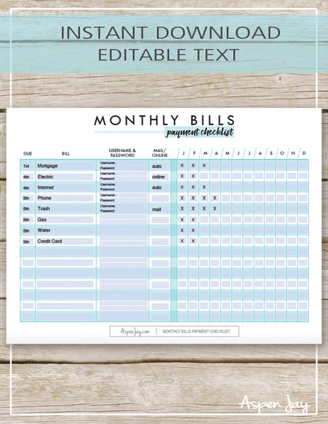 Monthly Bill Payment Checklist