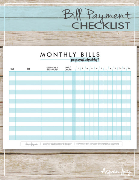 Monthly Bill Payment Checklist