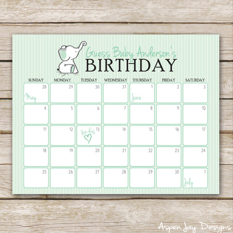 Green Elephant Baby Predictions Calendar