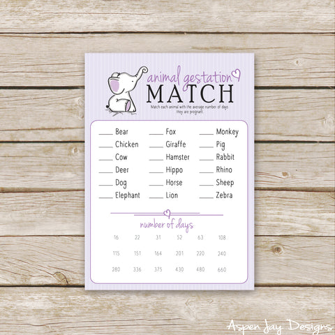 Purple Elephant Animal Gestation Match