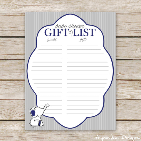Navy Elephant Shower Gift List