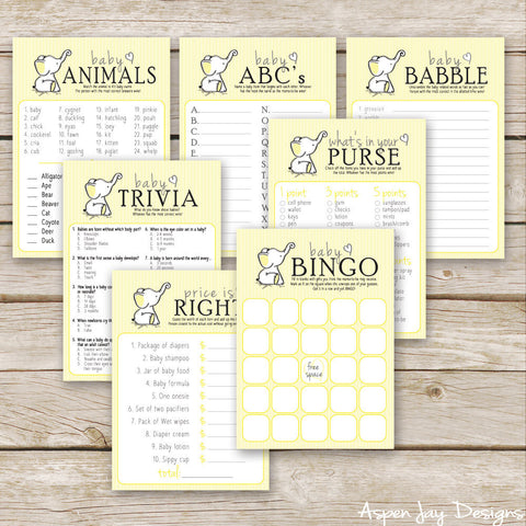 Yellow Elephant 7 Baby Shower Games Package
