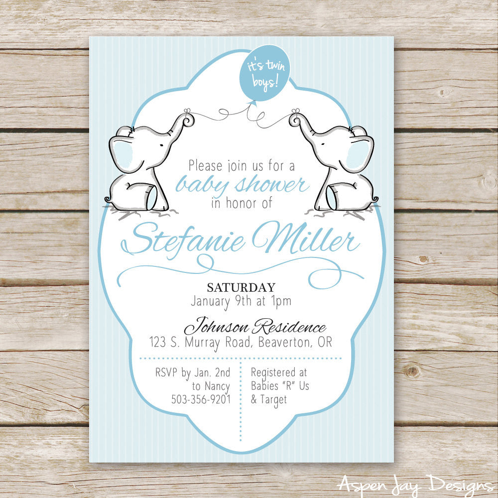 Twin Elephant Baby Shower Invites