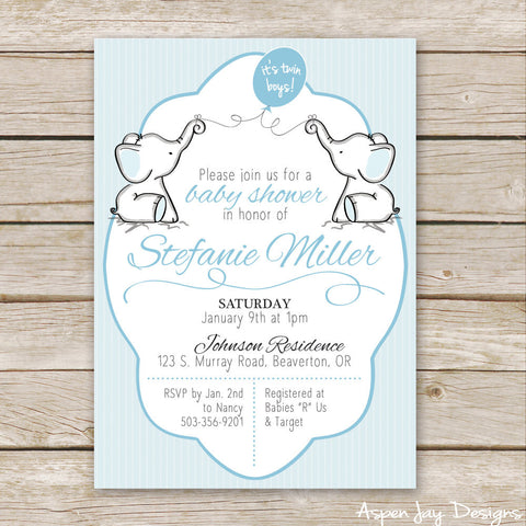 Twin Elephant Baby Shower Invites