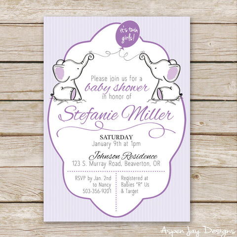 Twin Purple Elephant Baby Shower Invites