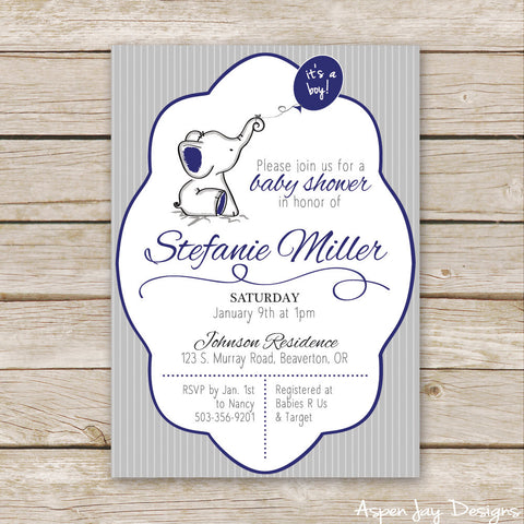 Navy Elephant Baby Shower Invites