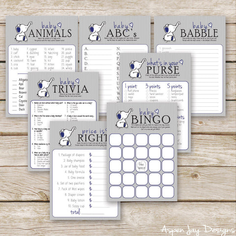 Navy Elephant 7 Baby Shower Games Package