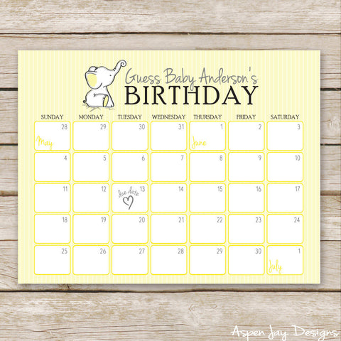 Yellow Elephant Baby Predictions Calendar