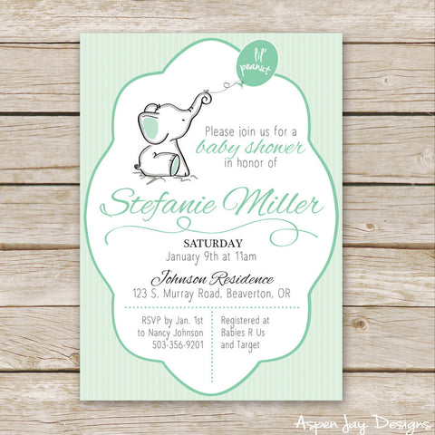 Green Elephant Baby Shower Invites