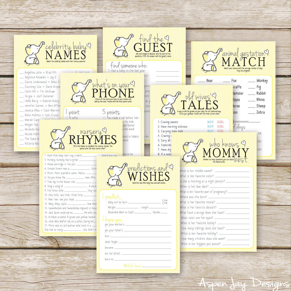 Yellow Elephant 8 Baby Shower Games Package