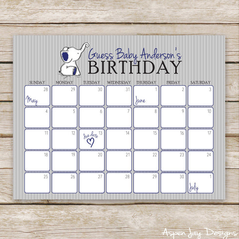 Navy Elephant Baby Predictions Calendar
