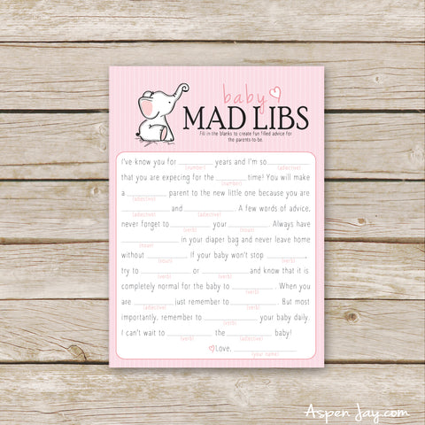 Pink Elephant Baby Mad Libs