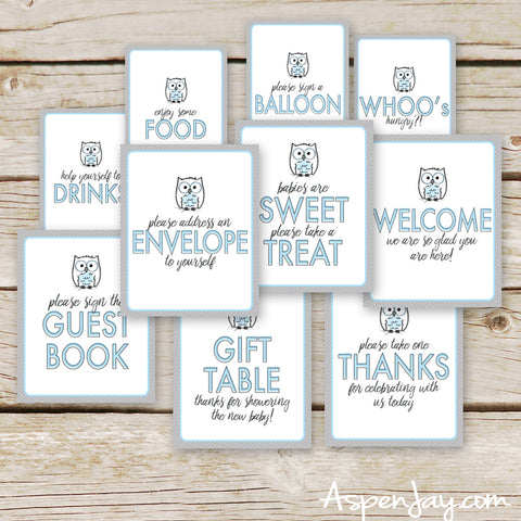 Blue Owl Baby Shower Table Signs
