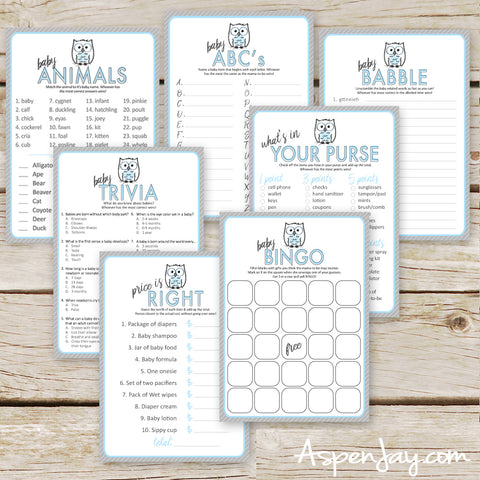 Blue Owl 7 Baby Shower Games Package