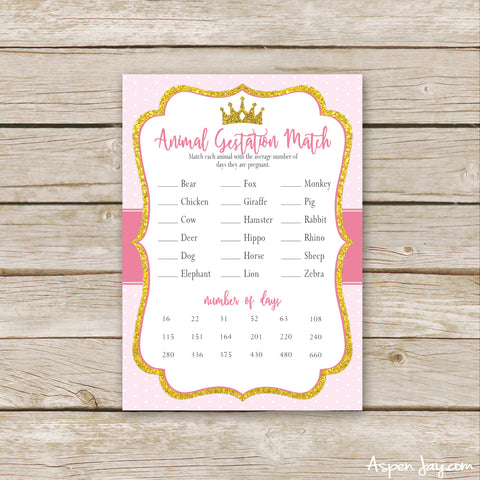 Pink Princess Animal Gestation Match