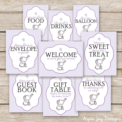 Purple Elephant Baby Shower Signs