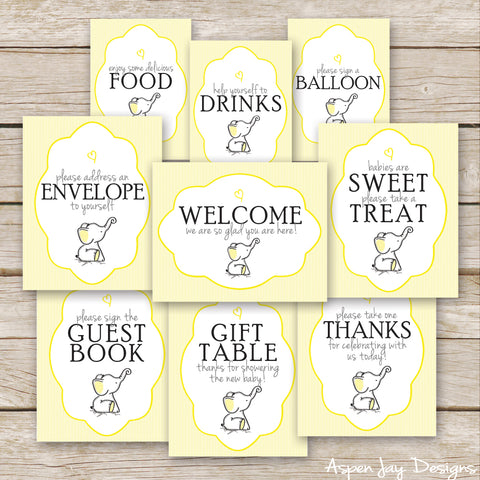 Yellow Elephant Baby Shower Signs