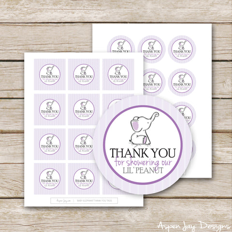 Purple Elephant Shower Favor Tags
